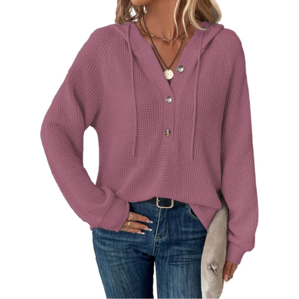 Dusty Rose Hooded Long Sleeve Waffle Top